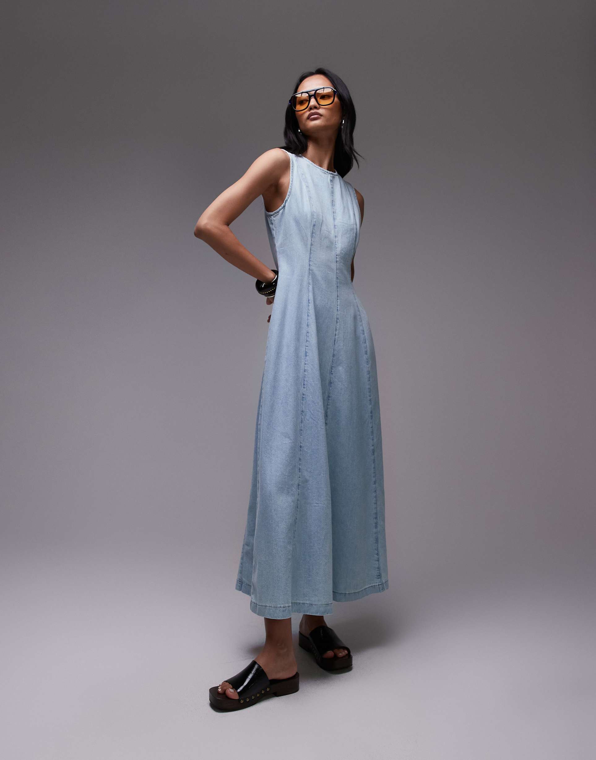 topshop denim full seamed maxi dress in mid blue