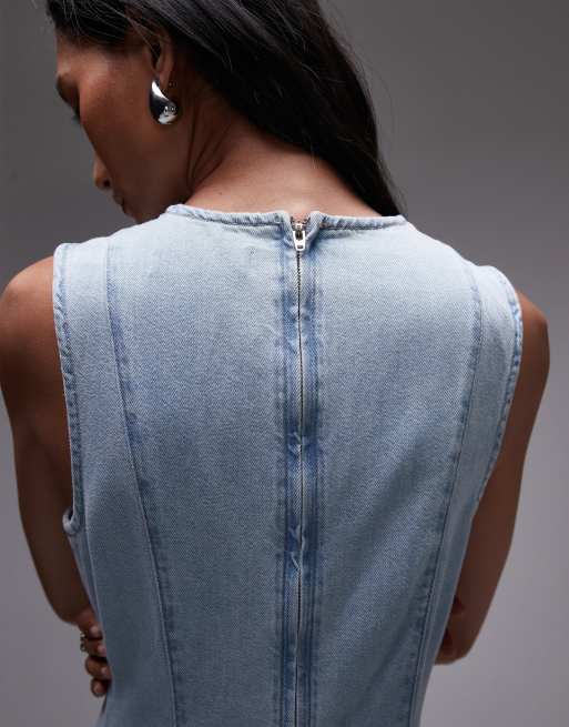 Topshop denim full seamed maxi dress in mid blue