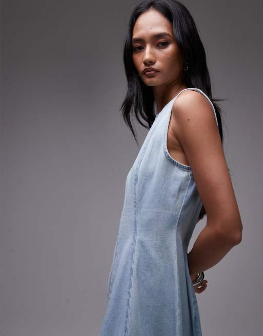 Topshop denim full seamed maxi dress in mid blue