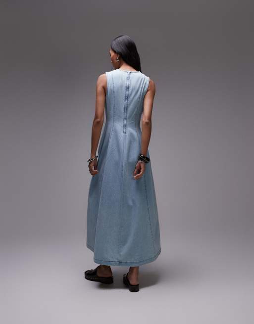 Topshop denim full seamed maxi dress in mid blue
