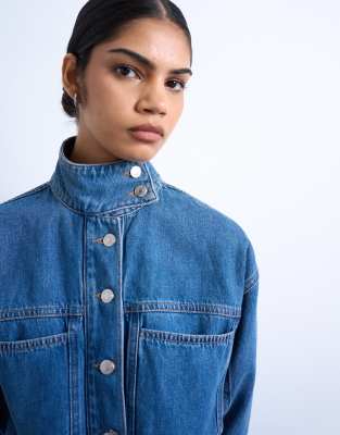 Topshop Denim Funnel Neck Belted Jumpsuit In Blue