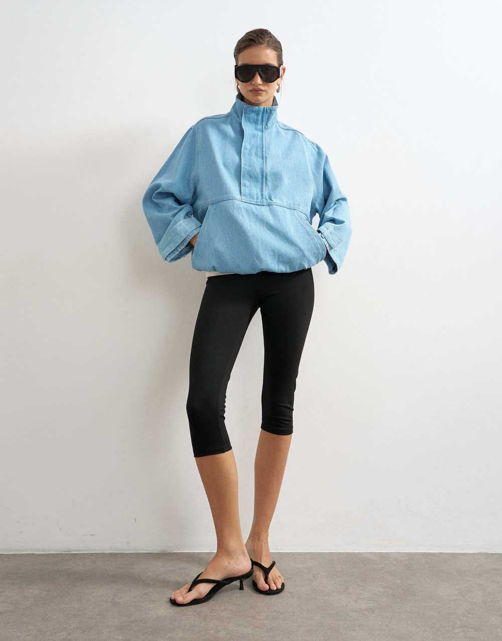 Topshop denim funnel neck bubble hem top in bleach