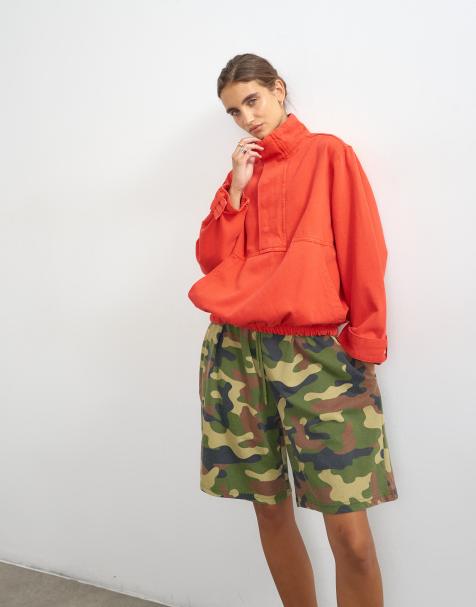 Topshop denim funnel neck bubble hem top in red - view 1