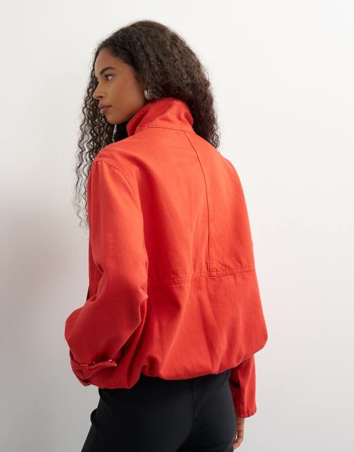 Topshop denim funnel neck bubble hem top in red, 4 of 4