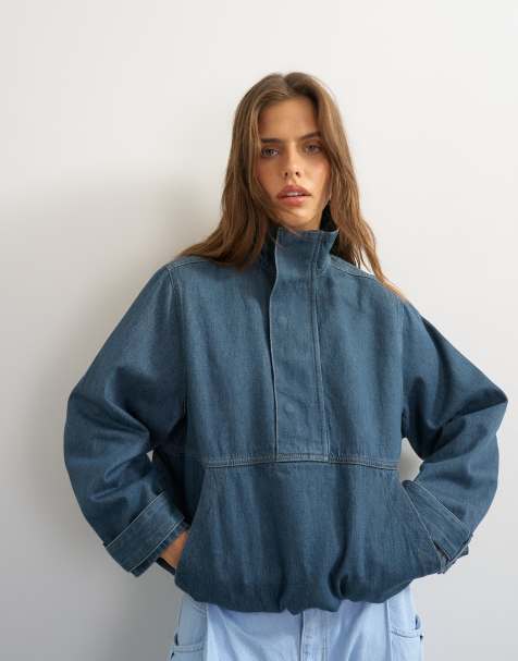 Topshop denim funnel neck bubble hem top in sulphur blue - view 1