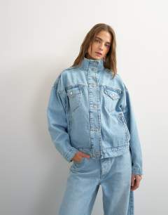 Denim funnel neck elastic hem detail jacket in bleach