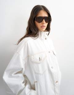 Denim funnel neck elastic hem detail jacket in bone