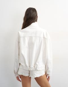 Model wearing Denim funnel neck elastic hem detail jacket in bone