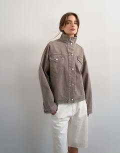 Denim funnel neck elastic hem detail jacket stone