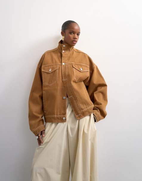 Topshop denim funnel neck elastic hem detail jacket tobacco - view 1