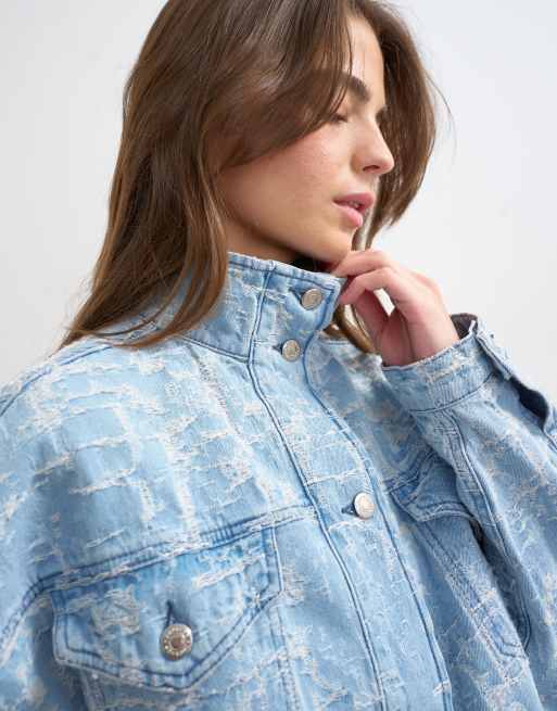 Topshop denim funnel neck elastic hem detail jacket ultra-distressed bleach, 3 of 4