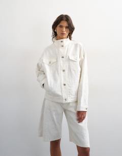 Denim funnel neck elastic waist jacket in distressed ecru