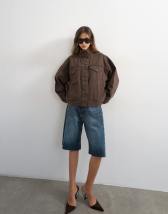 Topshop denim funnel neck jacket with waist detail in chocolate