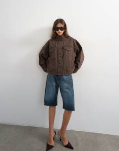 Denim funnel neck jacket with waist detail in chocolate