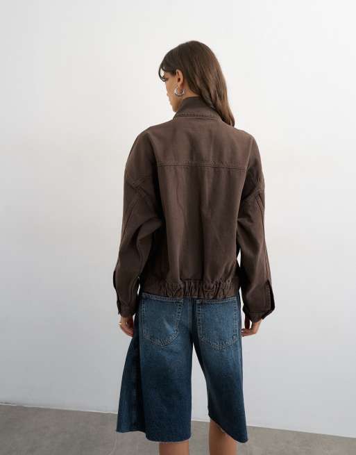 Topshop denim funnel neck jacket with waist detail in chocolate, 2 of 4