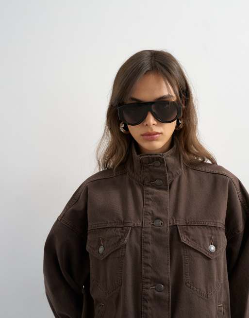 Topshop denim funnel neck jacket with waist detail in chocolate, 3 of 4