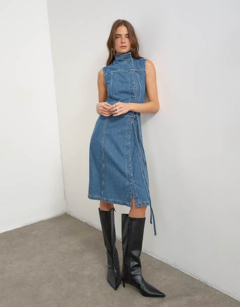 Topshop denim funnel neck midi dress in mid blue - view 1