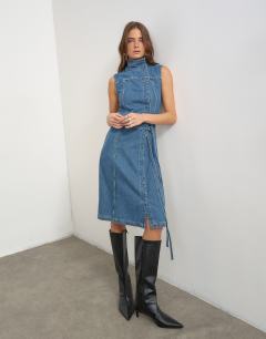 Denim funnel neck midi dress in mid blue