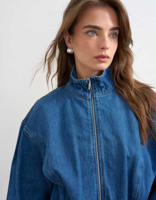 Topshop denim funnel neck mini dress in mid blue, 3 of 4