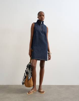 Topshop denim funnel neck pinafore dress in blue rinse
