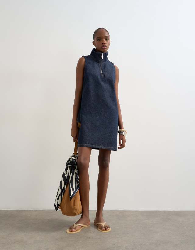 Topshop - Denim Funnel Neck Pinafore Dress - Women - Cotton - 14 US