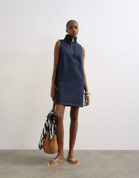 Topshop denim funnel neck pinny dress blue rinse - view 1