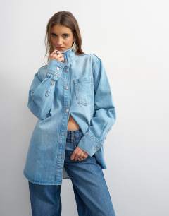 Denim funnel neck shacket in bleach