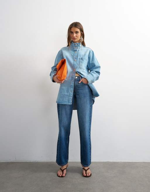 Topshop denim funnel neck shacket in bleach, 2 of 4
