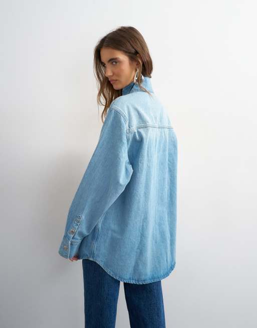 Topshop denim funnel neck shacket in bleach, 4 of 4