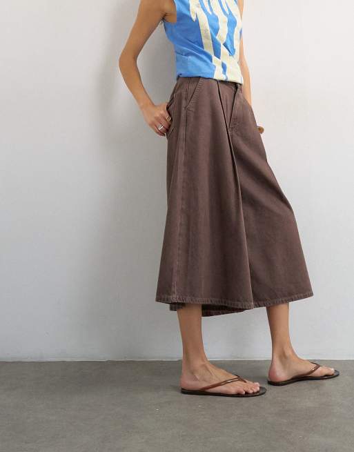 Topshop denim geplooide culotte in bruin, 2 van 7