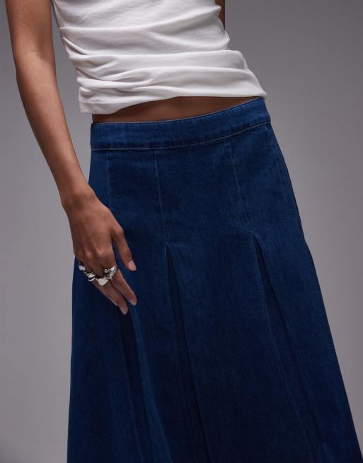 Topshop denim godet midi skirt in mid blue, 2 of 5