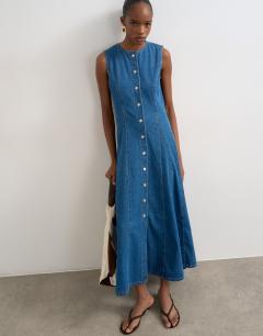 Denim godet seam maxi dress in rich blue