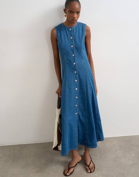Topshop denim godet seam maxi dress in rich blue