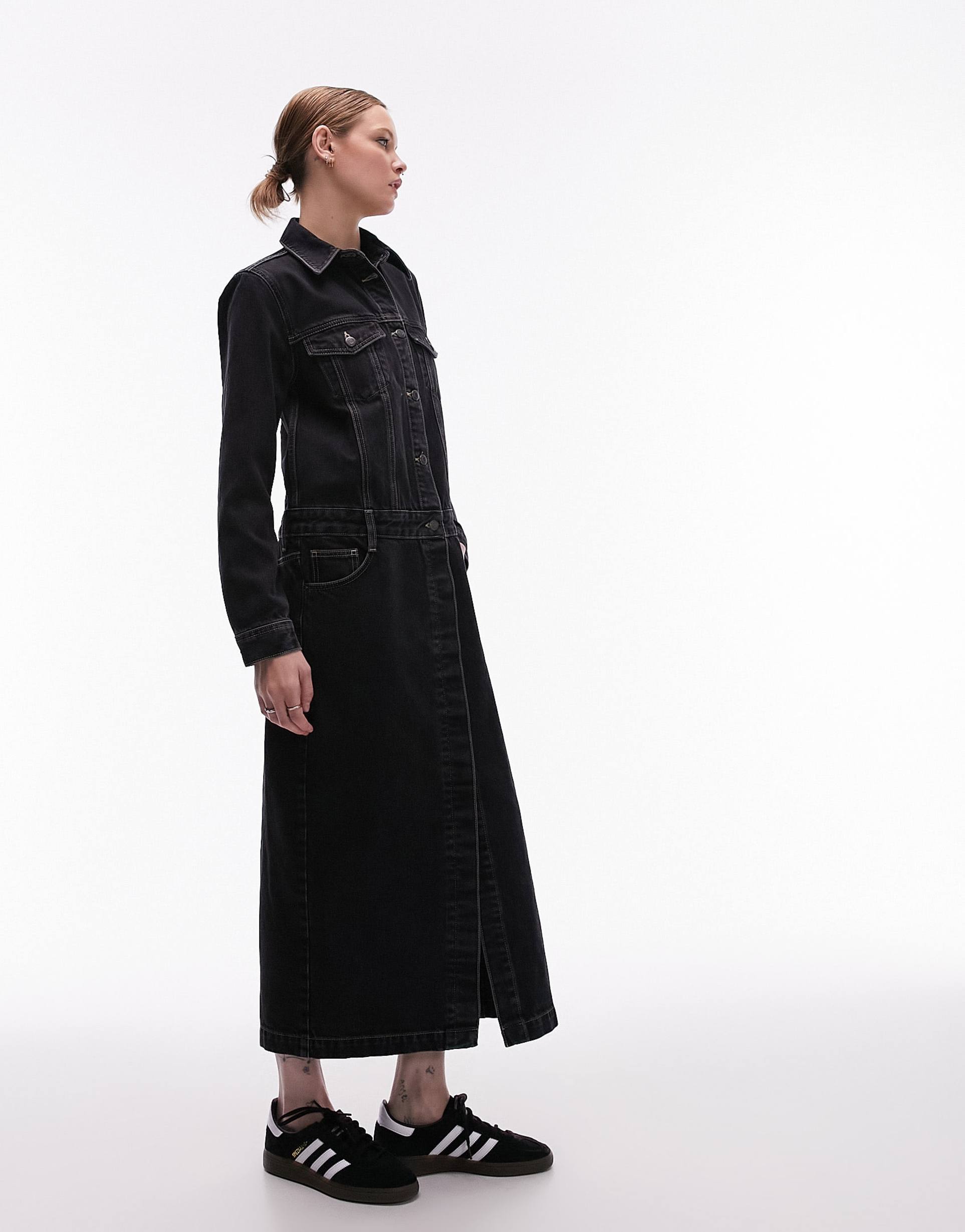 topshop denim half button up maxi dress in washed black