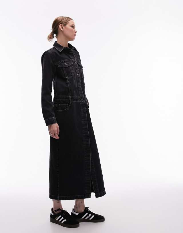 Topshop - denim half button up maxi dress in washed black