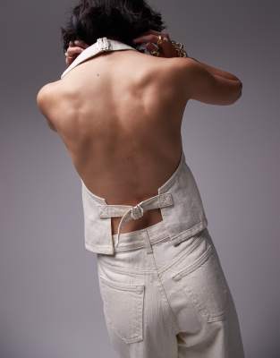 Topshop Denim Halter Neck Top In Ecru-white In White