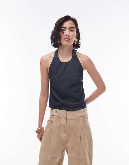 Topshop denim halterneck top with buckle in indigo 