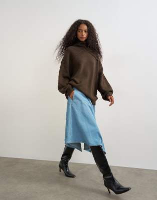 Topshop Denim Hanky Hem Midi Skirt In Blue