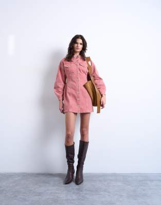 Denim high neck button through shirt dress in pink
