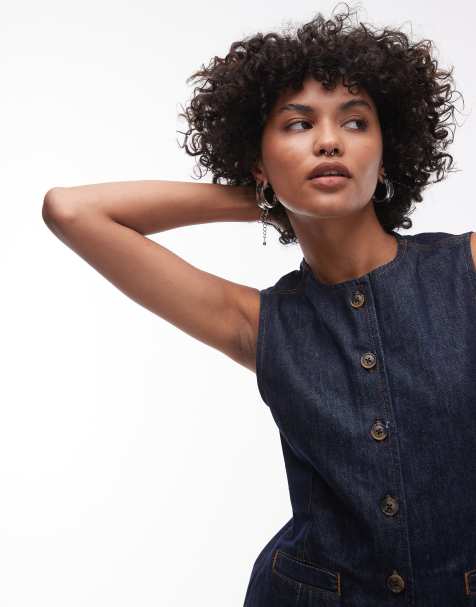 Topshop denim high neck waistcoat in raw look indigo - view 1