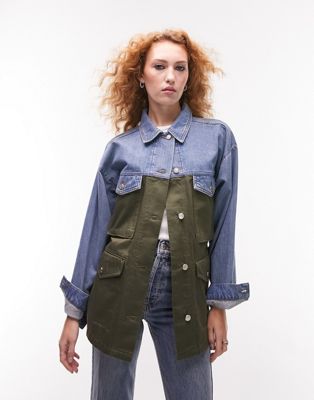 Topshop denim hybrid cinched waist shacket in khaki