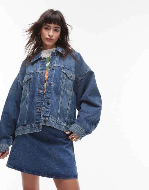 Topshop - Denim jack met ballonmouwen in authentiek groen
