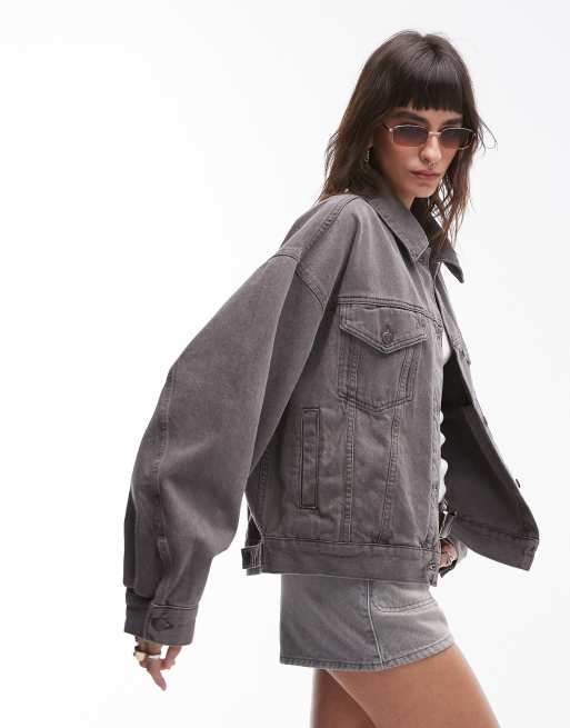 Topshop - Denim jack met ballonmouwen in rokerig grijs