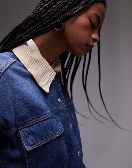 Topshop - Denim jack met elastische taille en kraag van corduroy in middenblauw, 2 van 4