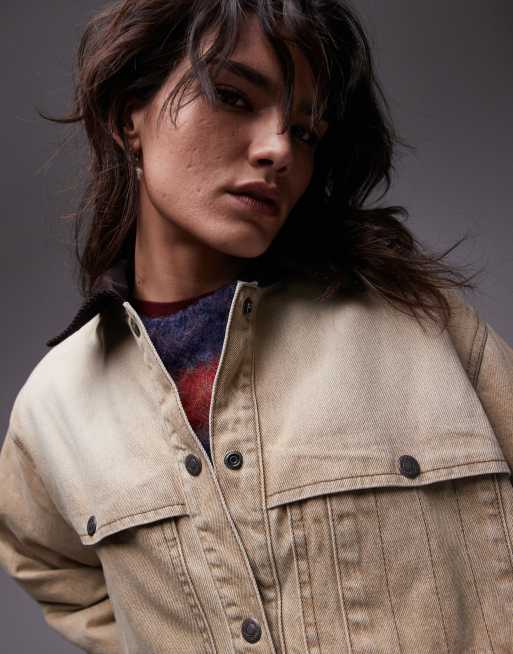 Topshop - Denim jack met kraag van corduroy in beige, 3 van 4