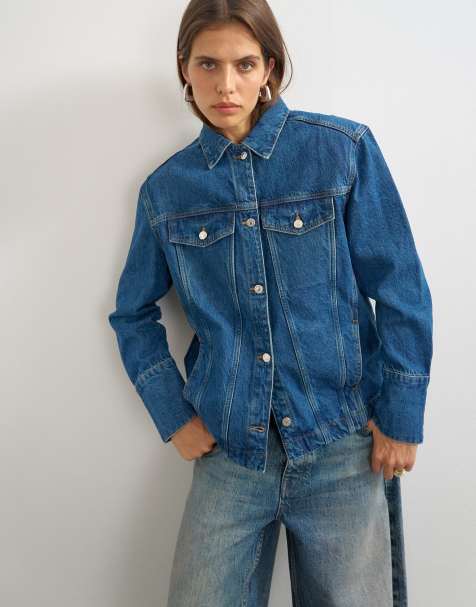 Topshop denim jacket with strong shoulder in mid blue - view 1