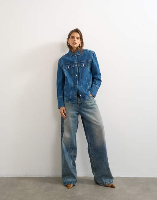 Topshop denim jacket with strong shoulder in mid blue, 5 of 5