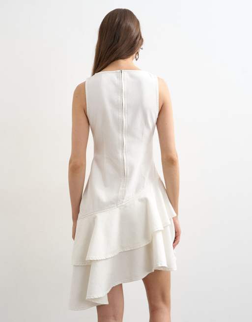 Topshop - Denim jurk met ongelijke zoom en ruches in botwit, 4 van 4