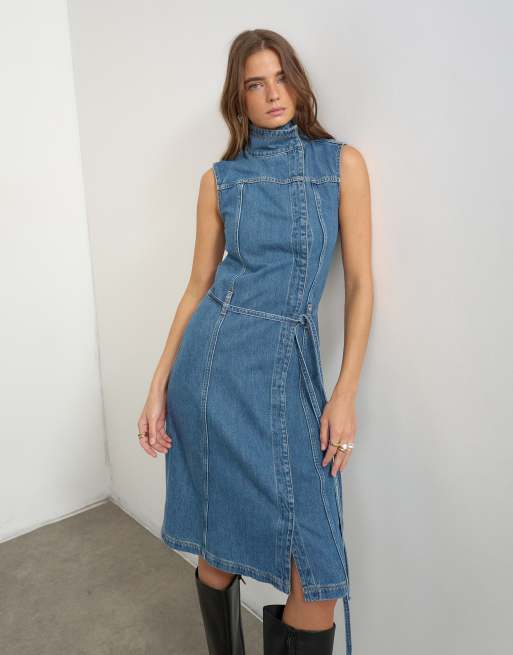Topshop denim kjole med ståkrave i mid blue, midi, 4 af 4