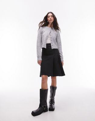 denim knee length pleat skirt in washed black